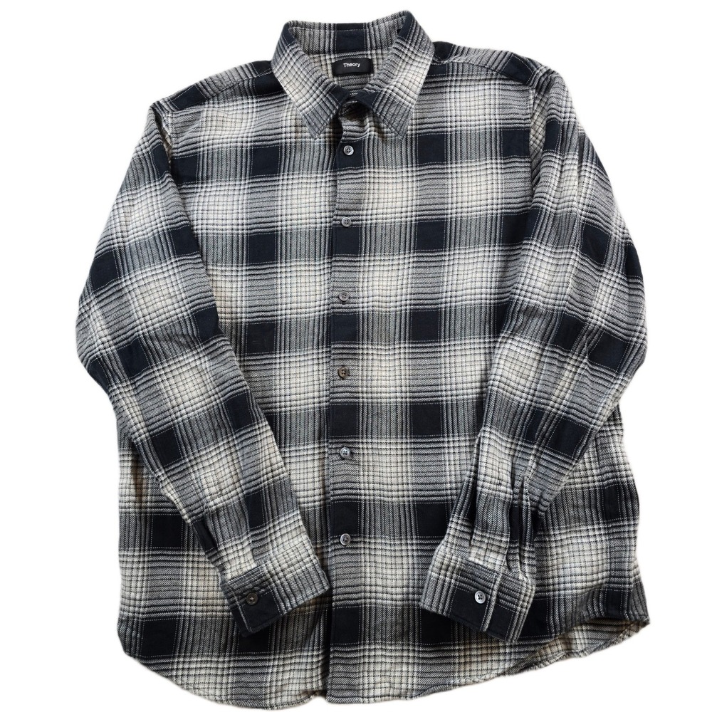 Theory Plaid Flannel Shirt Mens Large Black White Cotton Button Down Luxe